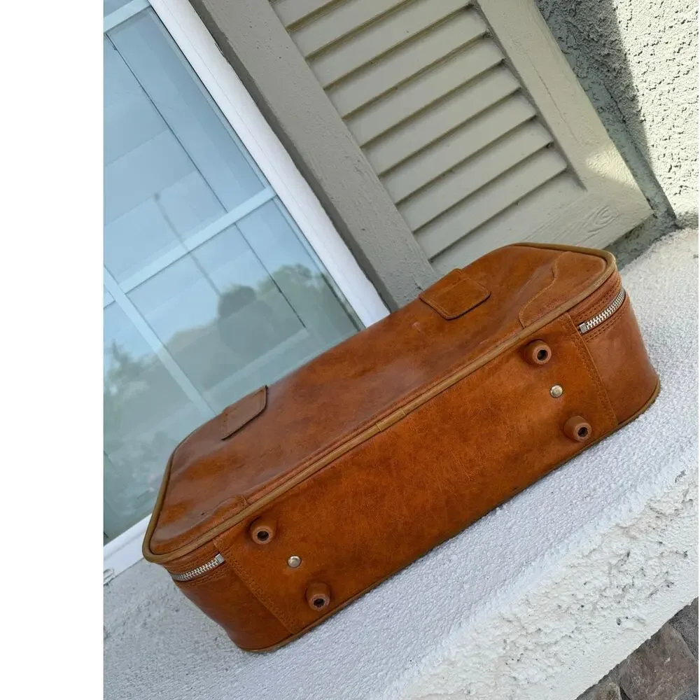 vintage 1970s tan faux-leather carry on suitcase luggage 70s jet set masculine
